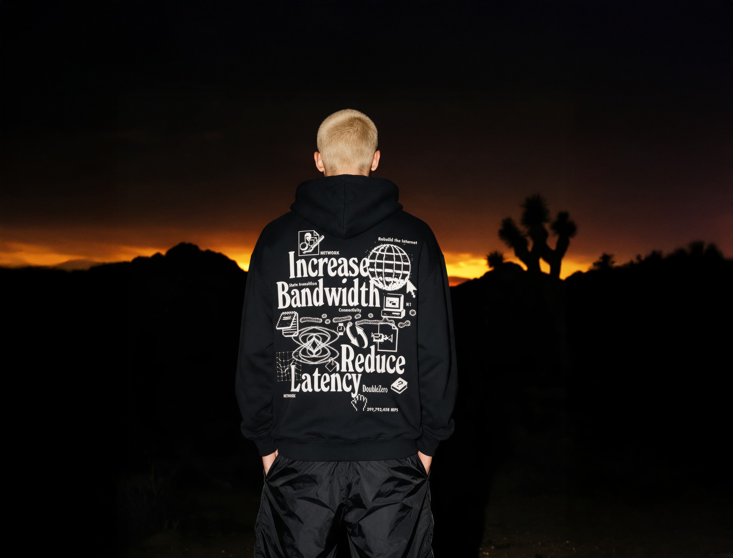 Back view of a black graphic hoodie against an orange desert sunset
